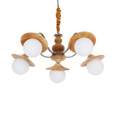 Lámpara de araña moderna de madera con diseño acampanado, kit de iluminación colgante para restaurante de 5 bombillas y pantalla de cristal color crema